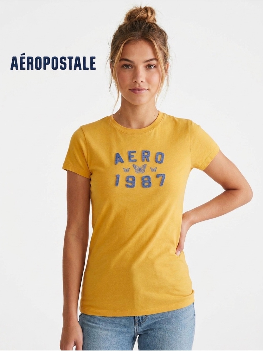 Aeropostale Yellow 'Aero 1987' Short Sleeve Graphic Tee Classic Crew - S